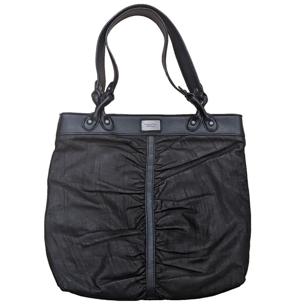 Vera Wang Black Leather Tote Bag Ruched Shoulder Purse Minimalist Work